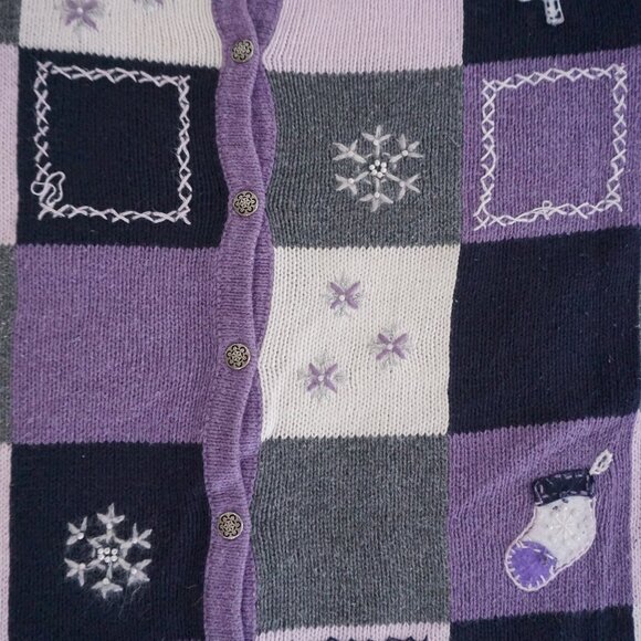 Christopher & Banks Lavender Patchwork Snowflake Tree Winter Grandma Cardigan XL - Picture 5 of 9